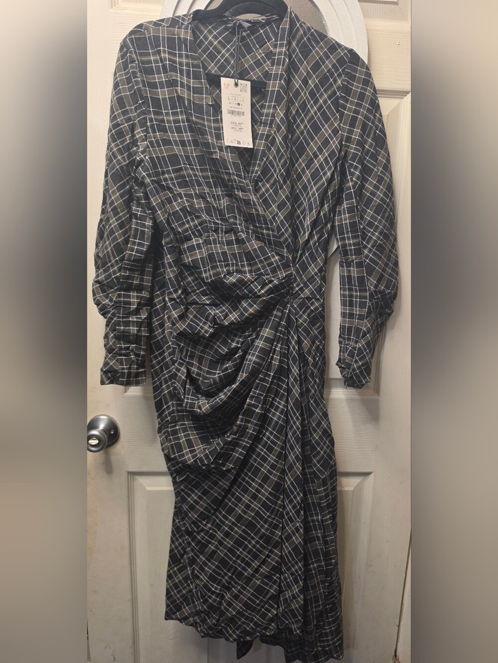 Zara Plaid Ruched Long Sleeve Dress